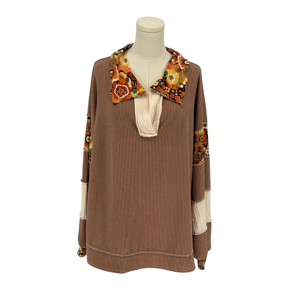 Haptics by Holly Harper Brown Floral Print‎ Collared Waffle Knit Pullover Top 1X